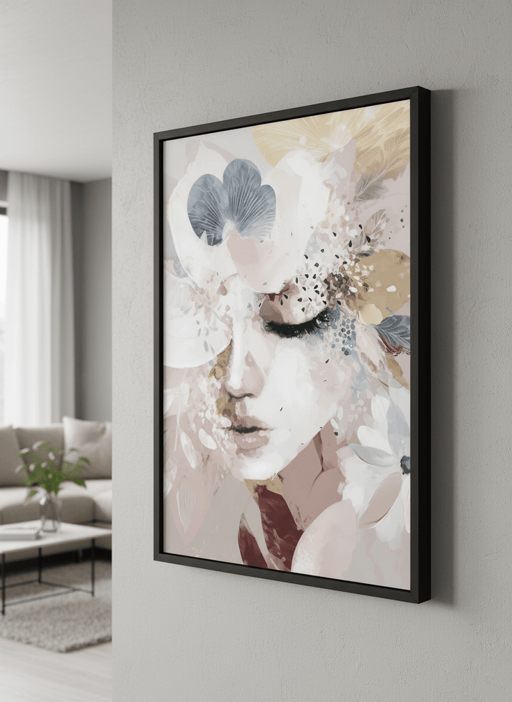 Modern wall art styled above a sofa in a neutral living room