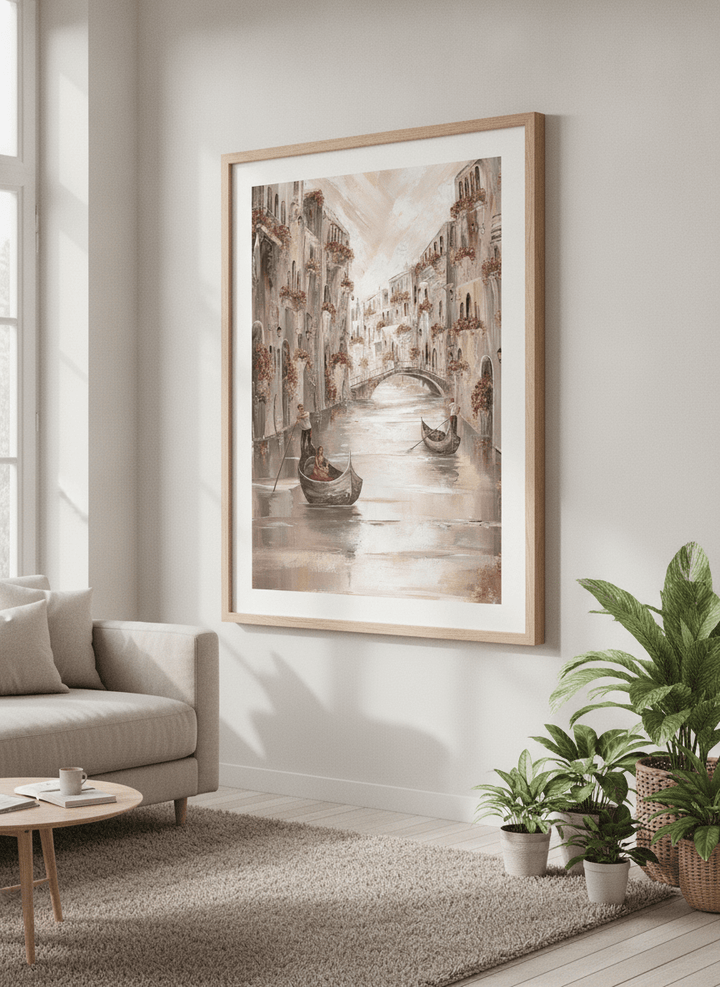 Modern wall art styled above a sofa in a neutral living room