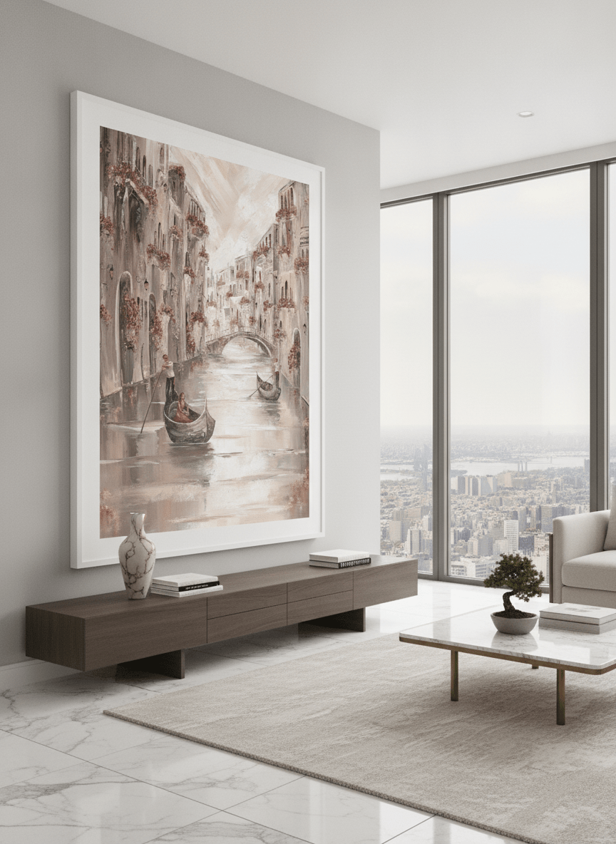 Monumental artwork centred on a feature wall in a luxe interior