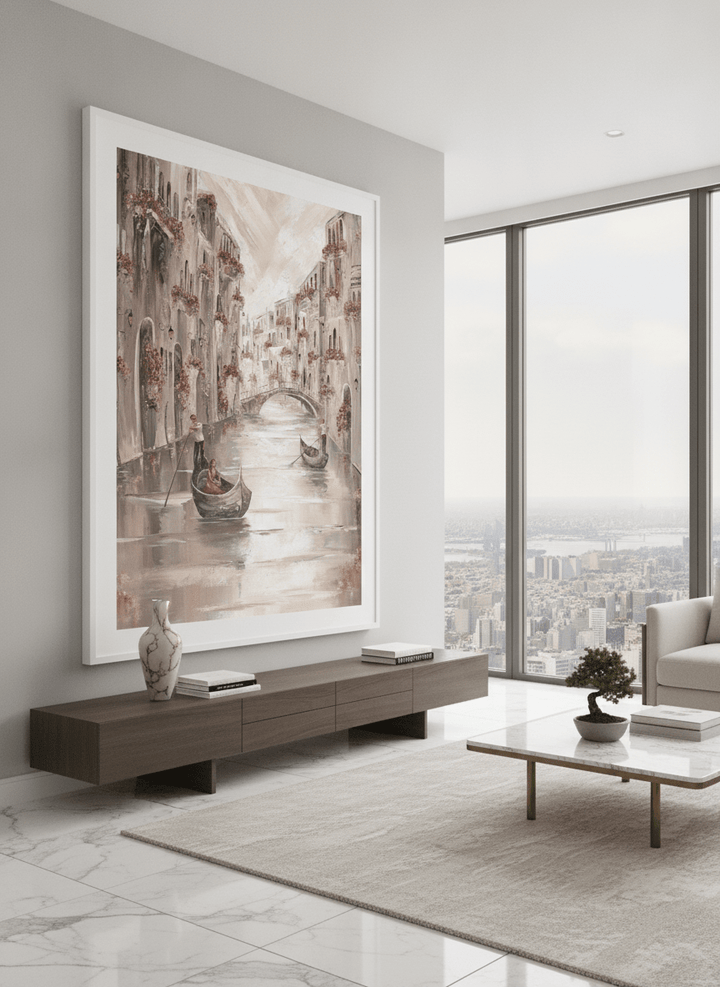 Monumental artwork centred on a feature wall in a luxe interior