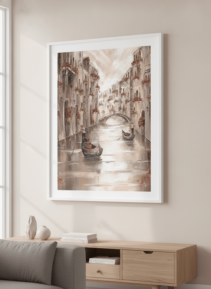 Modern wall art styled above a sofa in a neutral living room