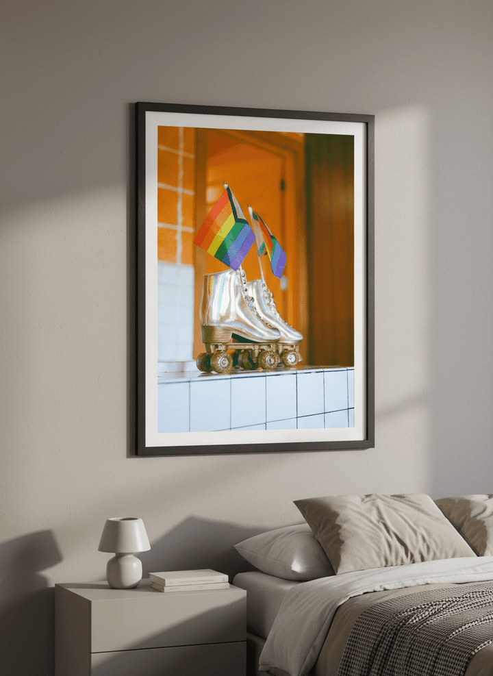 Minimalist artwork displayed in a calm, light-filled bedroom interior