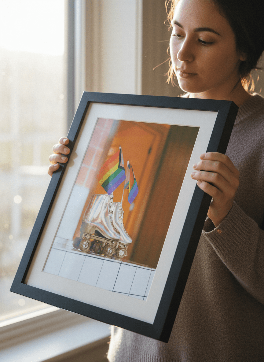 Person showcasing the artwork against a clean modern interior wall
