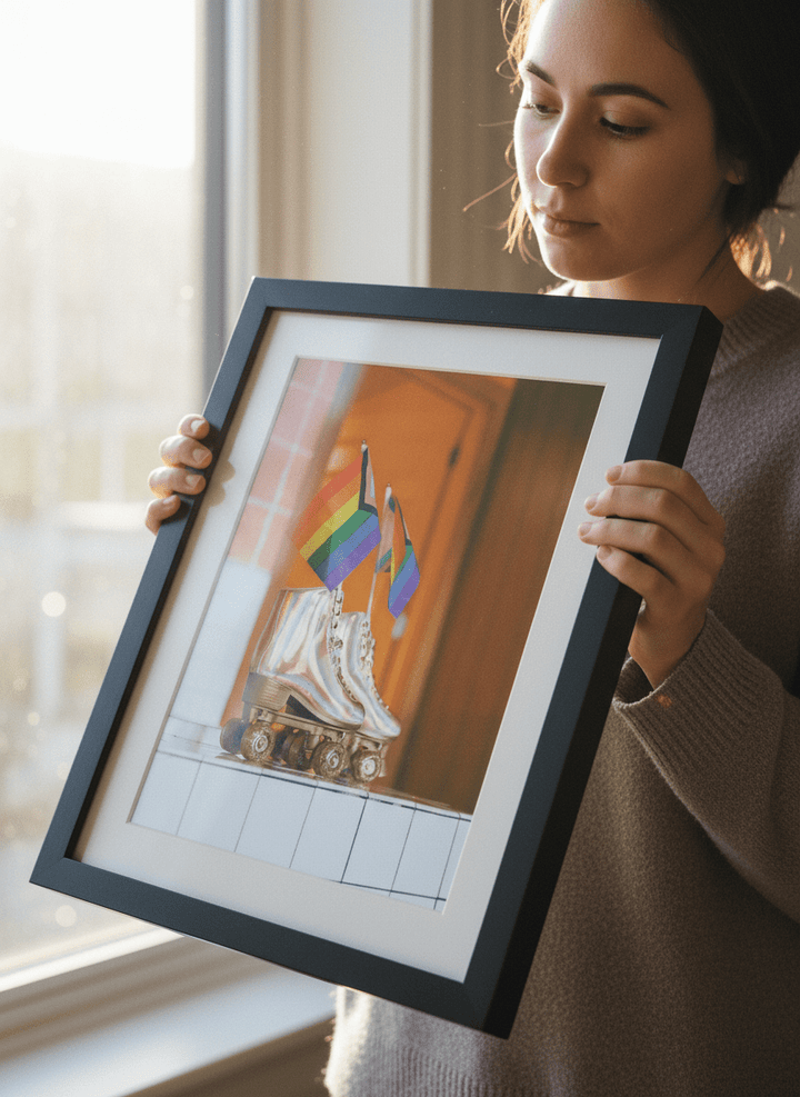 Person showcasing the artwork against a clean modern interior wall