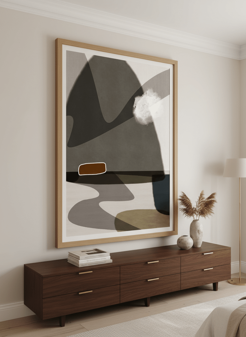 Monumental artwork centred on a feature wall in a luxe interior