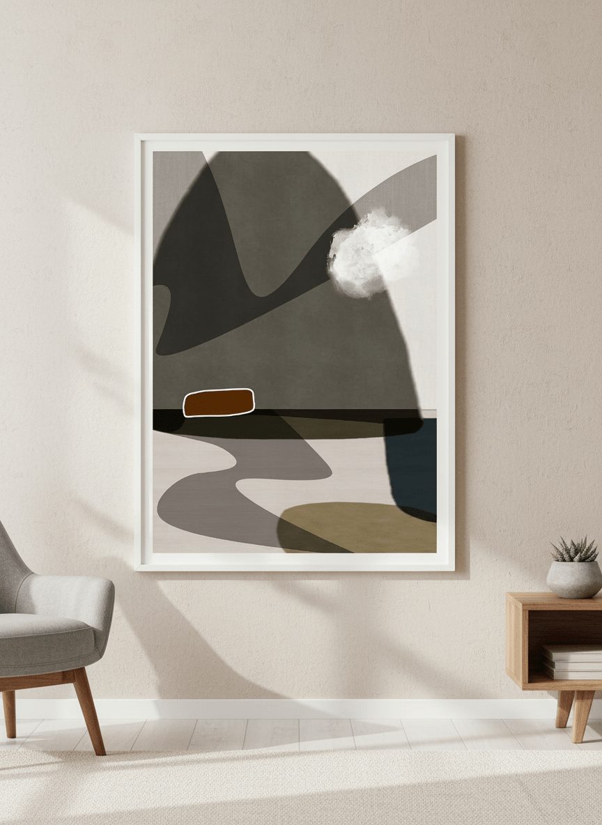 Modern wall art styled above a sofa in a neutral living room