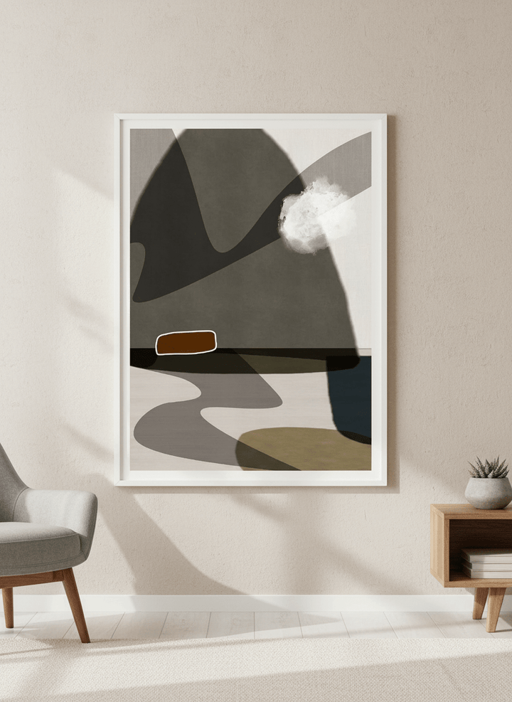 Modern wall art styled above a sofa in a neutral living room