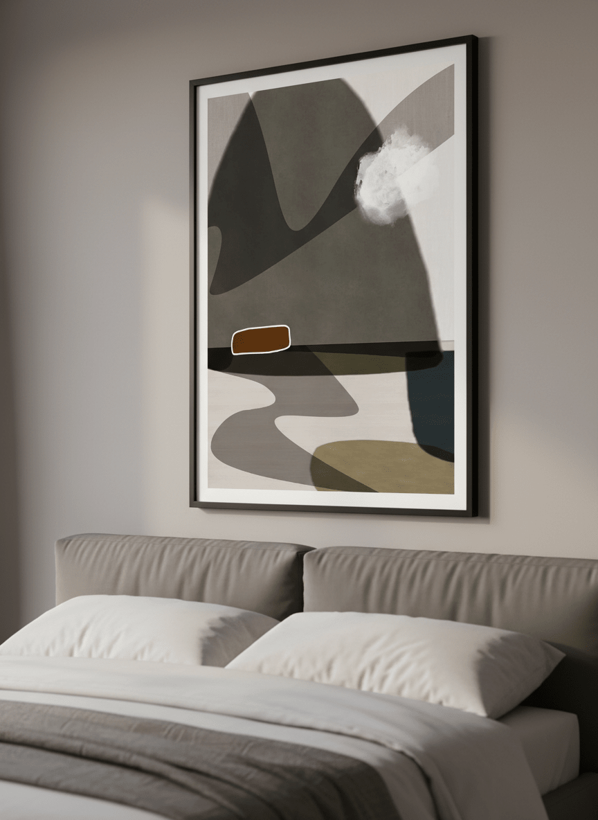 Minimalist artwork displayed in a calm, light-filled bedroom interior