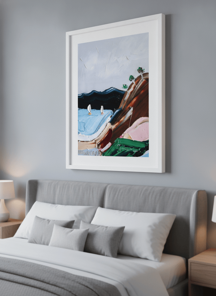Minimalist artwork displayed in a calm, light-filled bedroom interior