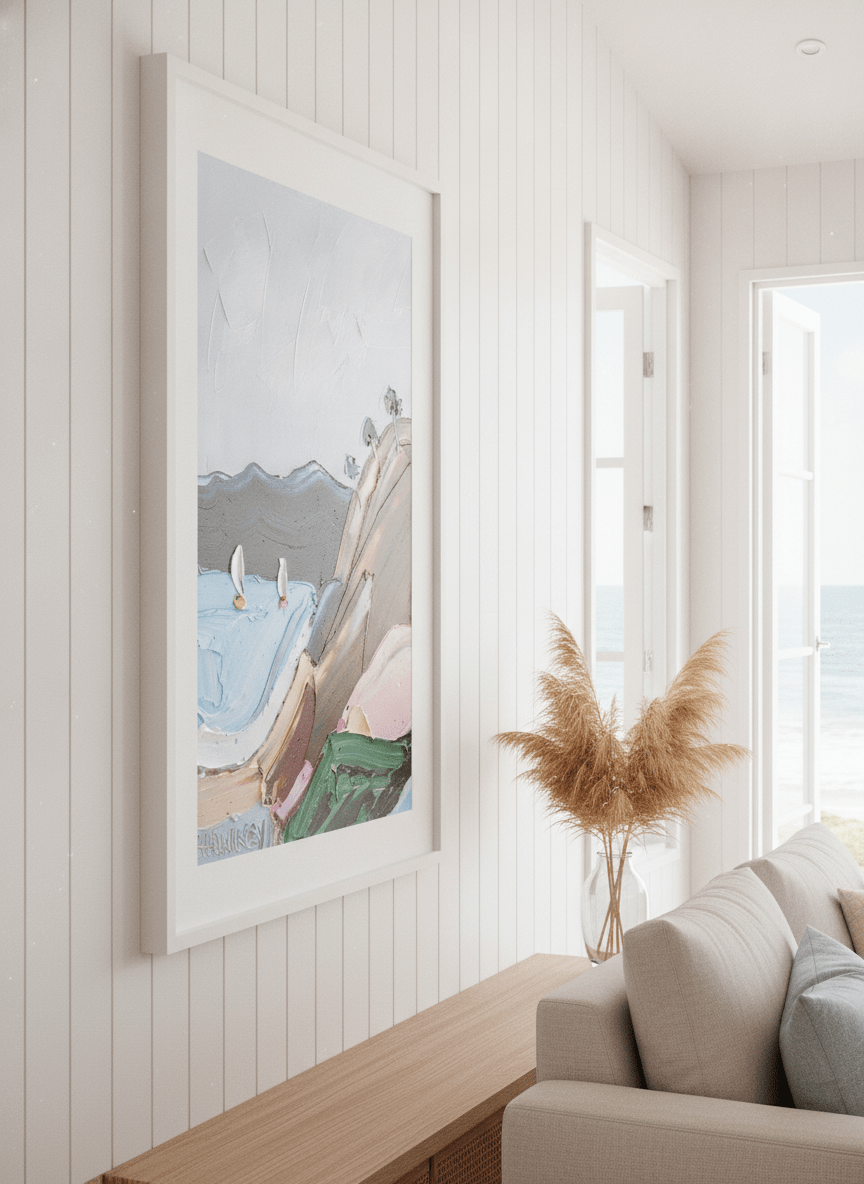 Neutral wall art displayed in a sunny coastal beach house