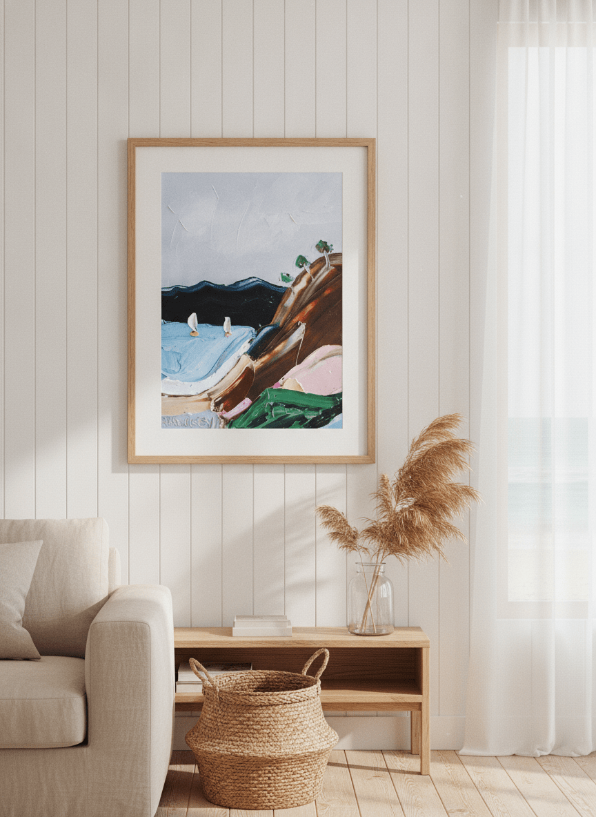 Neutral wall art displayed in a sunny coastal beach house