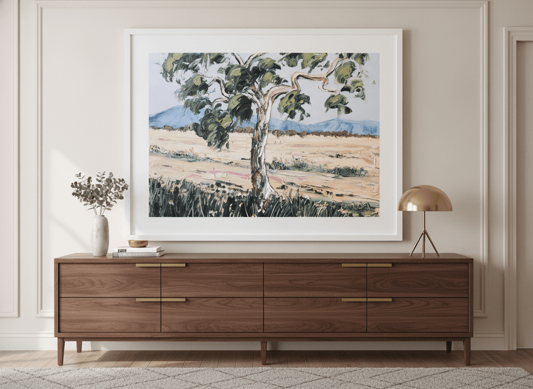 Monumental artwork centred on a feature wall in a luxe interior