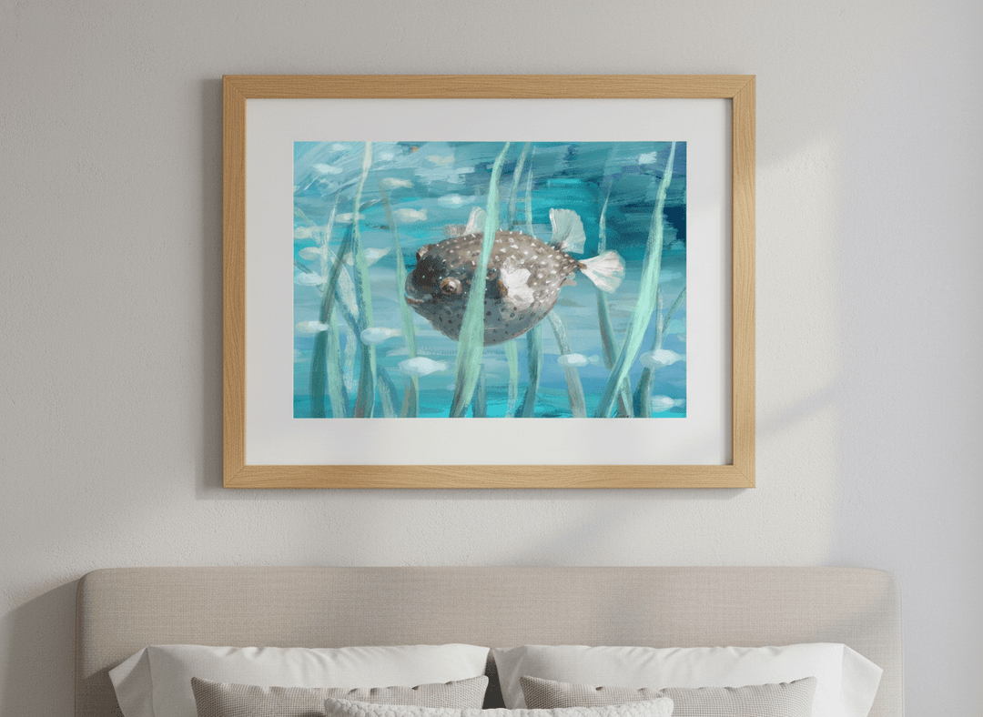 Minimalist artwork displayed in a calm, light-filled bedroom interior
