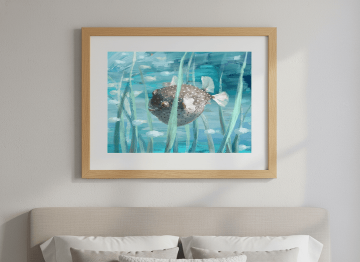 Minimalist artwork displayed in a calm, light-filled bedroom interior