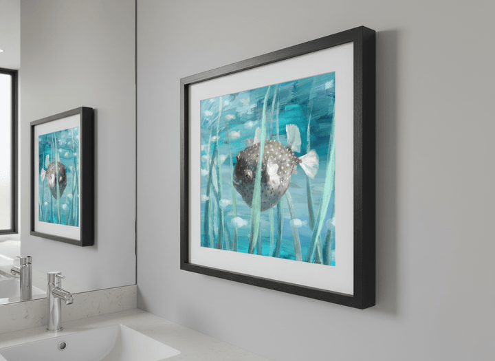 Modern print displayed in a clean minimalist bathroom setting