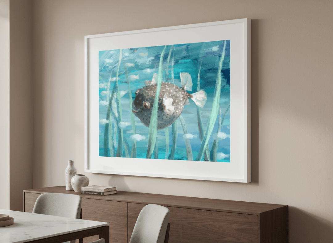 Wall art styled above a dining table in a contemporary home