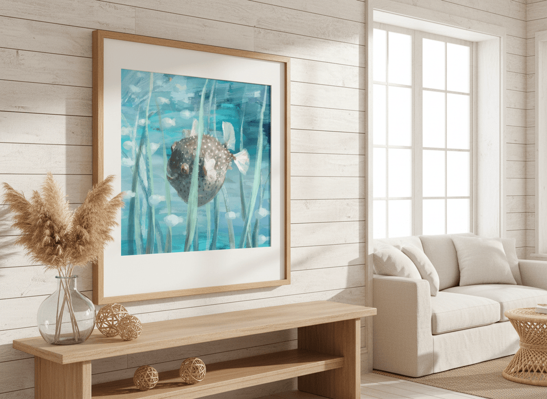 Neutral wall art displayed in a sunny coastal beach house