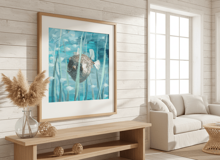 Neutral wall art displayed in a sunny coastal beach house