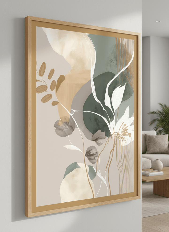 Modern wall art styled above a sofa in a neutral living room