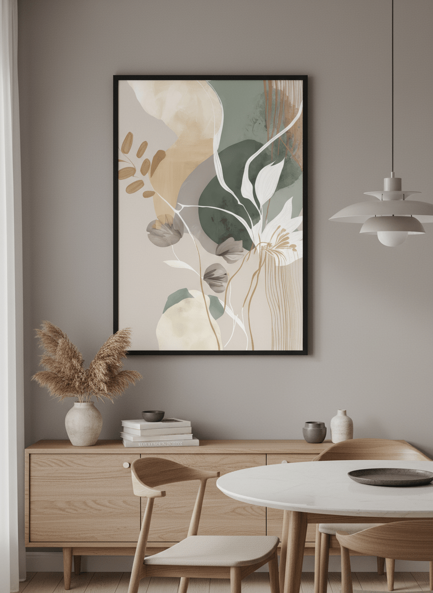 Wall art styled above a dining table in a contemporary home
