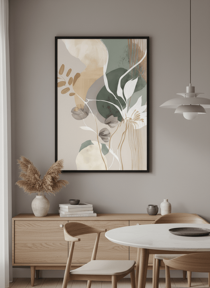 Wall art styled above a dining table in a contemporary home