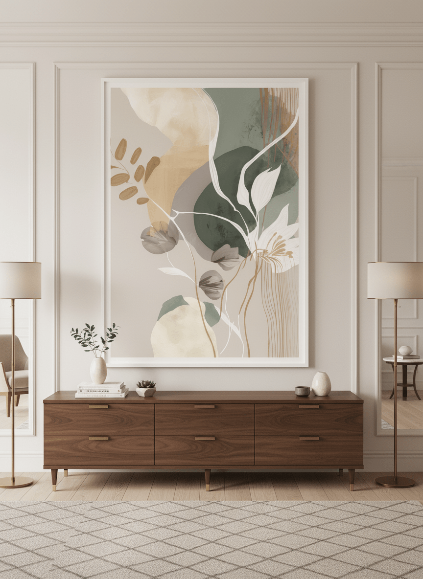Monumental artwork centred on a feature wall in a luxe interior