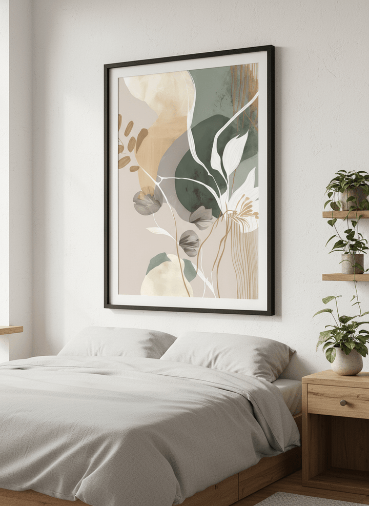 Minimalist artwork displayed in a calm, light-filled bedroom interior