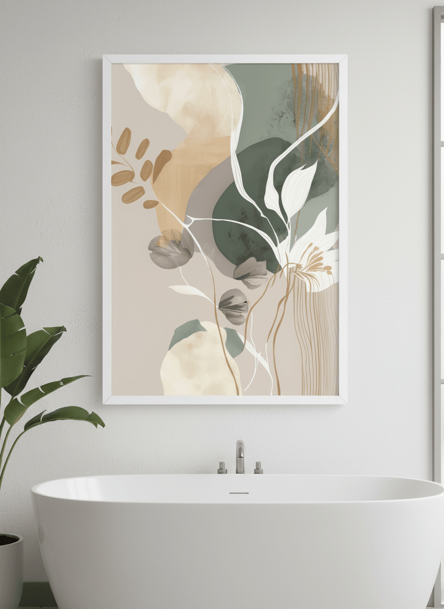 Modern print displayed in a clean minimalist bathroom setting