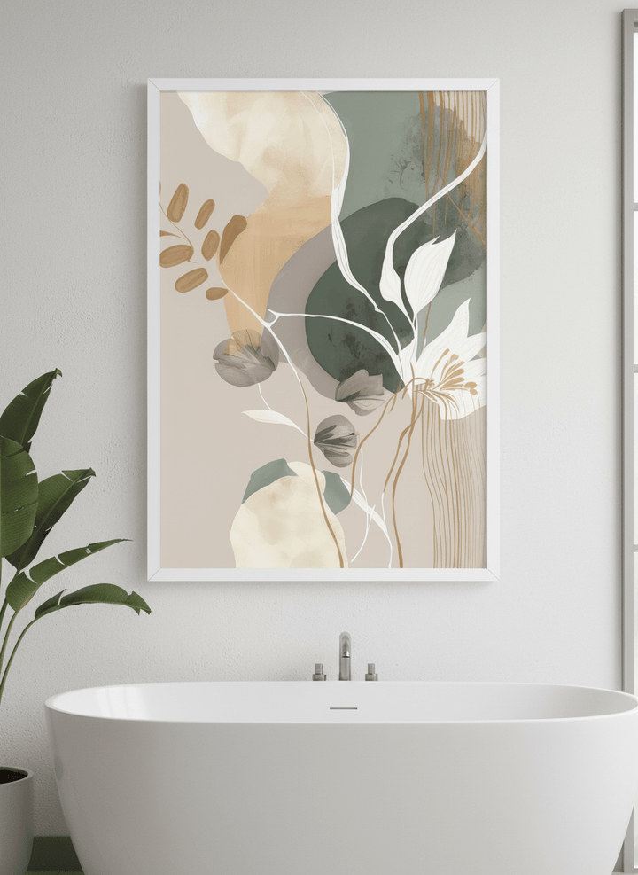 Modern print displayed in a clean minimalist bathroom setting