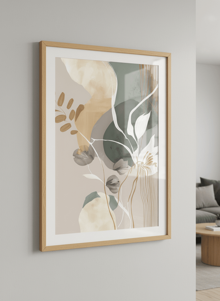 Modern wall art styled above a sofa in a neutral living room