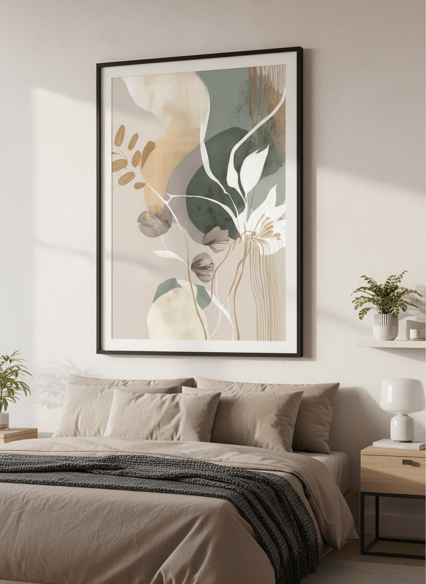 Minimalist artwork displayed in a calm, light-filled bedroom interior