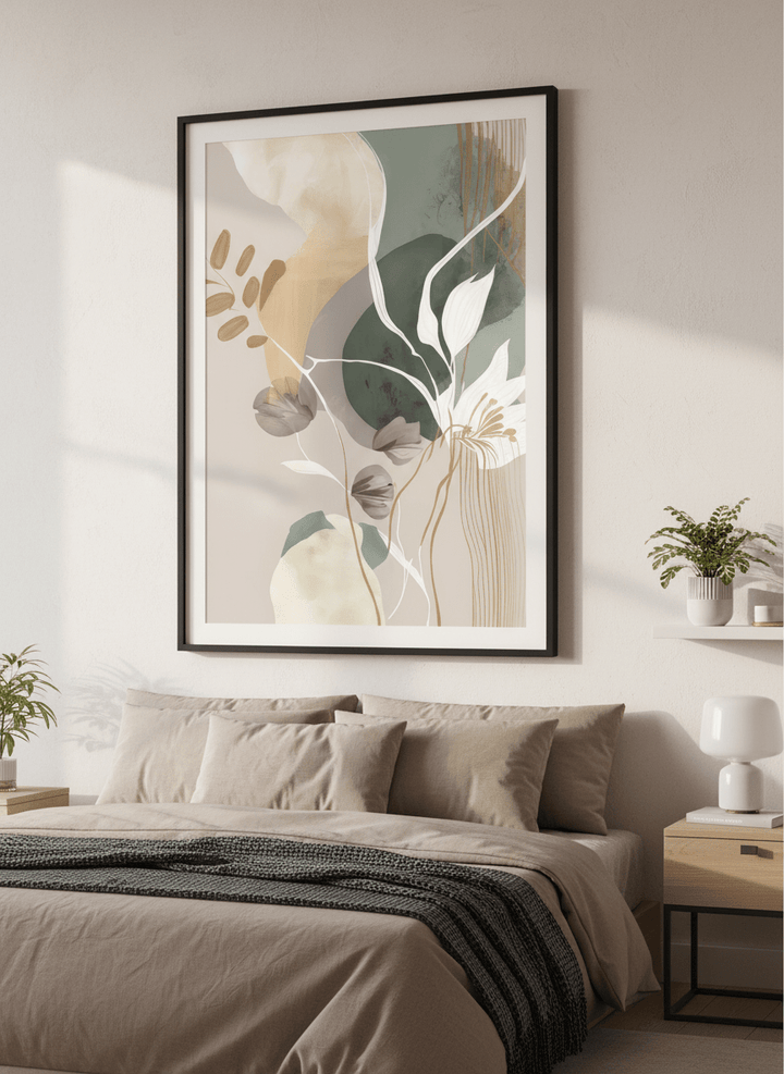 Minimalist artwork displayed in a calm, light-filled bedroom interior