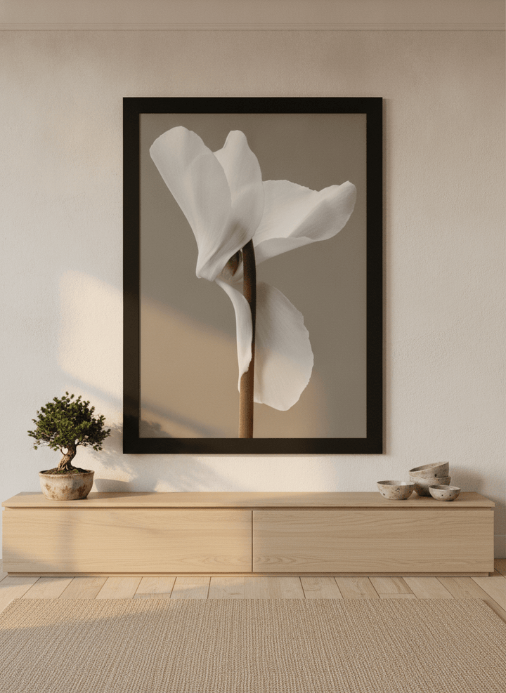 Oversized statement modern wall art print styled on the wall in a warm Japandi living room