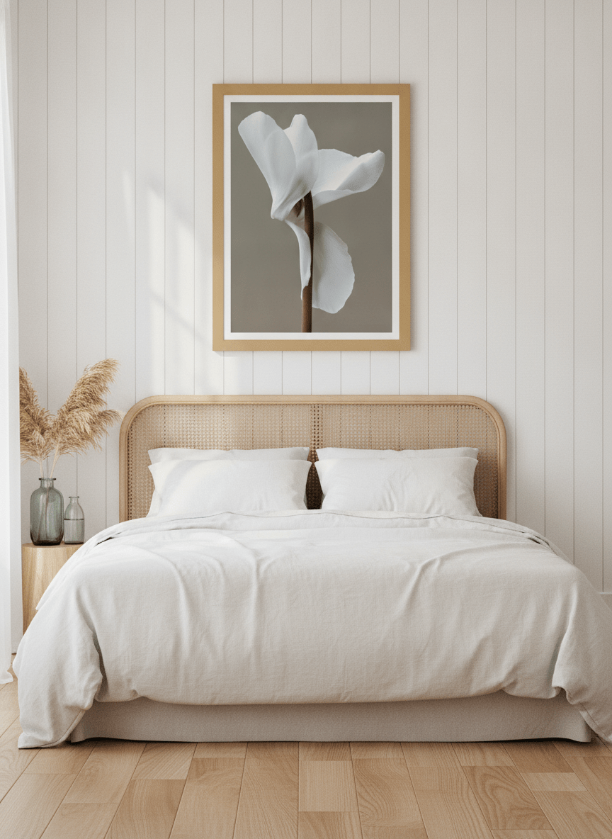 Modern wall art print styled on the wall in a coastal bedroom