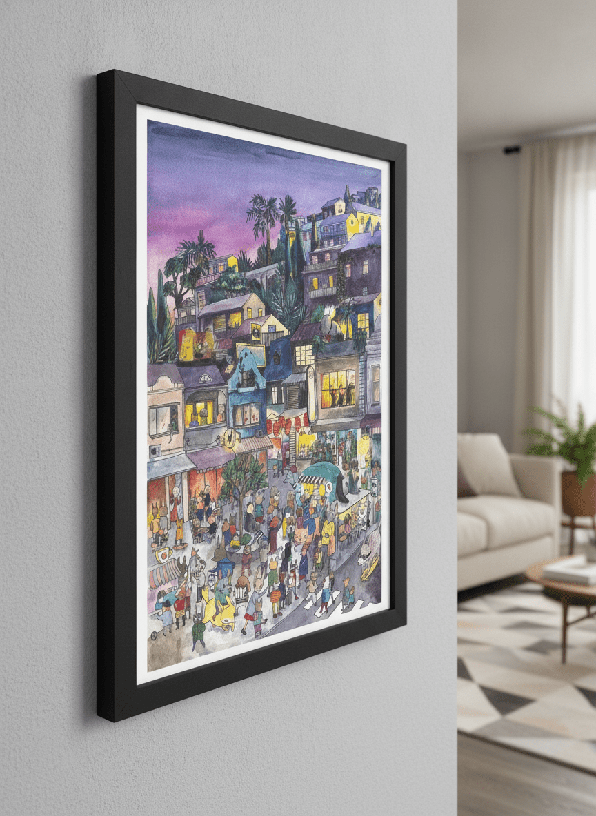 Modern wall art styled above a sofa in a neutral living room