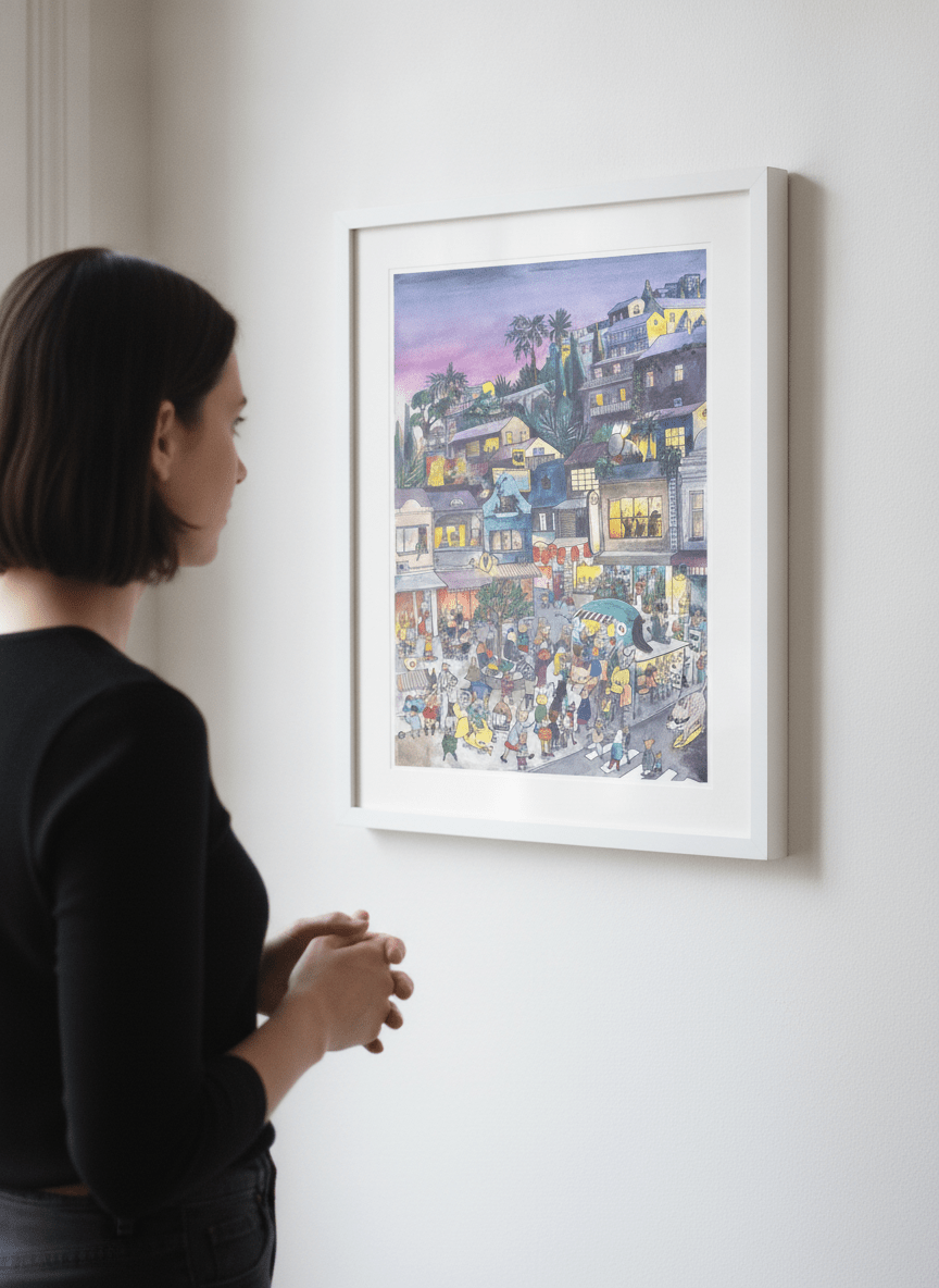 Person showcasing the artwork against a clean modern interior wall