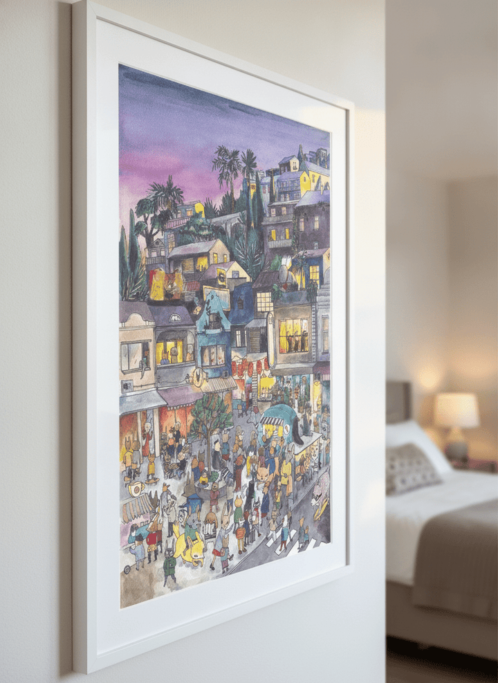 Minimalist artwork displayed in a calm, light-filled bedroom interior