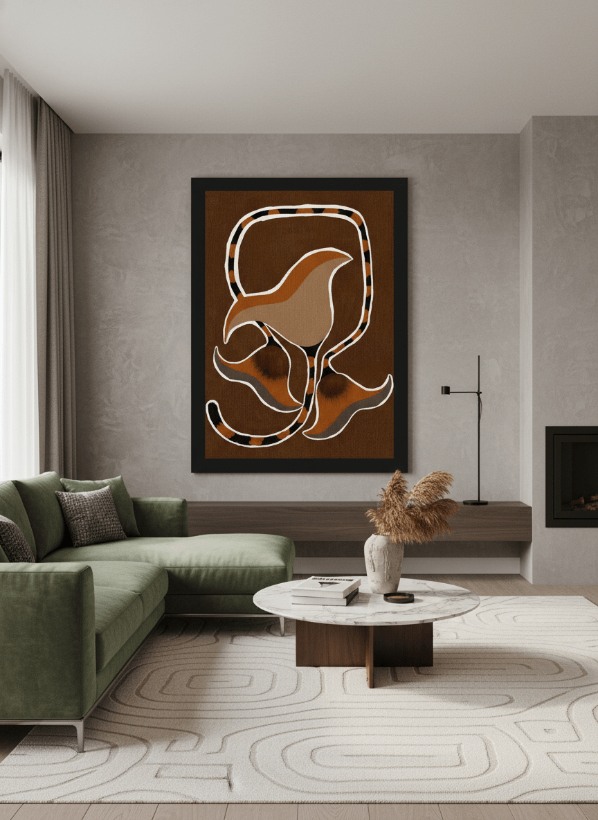 Monumental artwork centred on a feature wall in a luxe interior