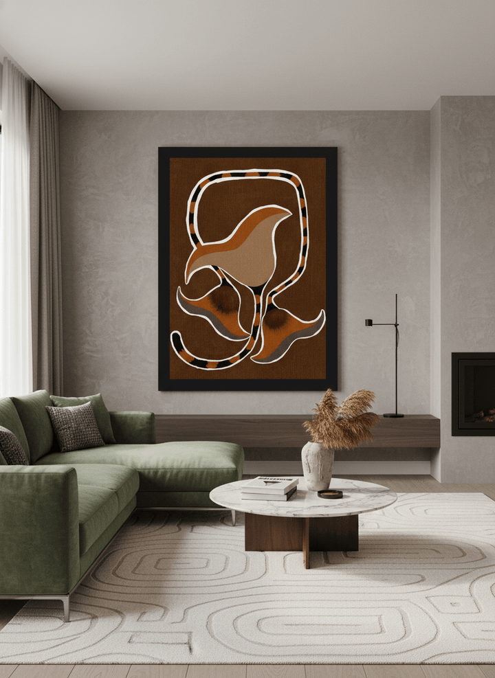 Monumental artwork centred on a feature wall in a luxe interior