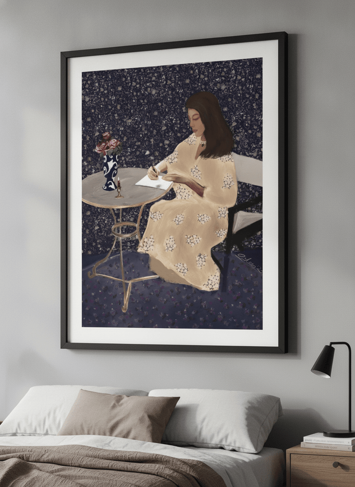Minimalist artwork displayed in a calm, light-filled bedroom interior