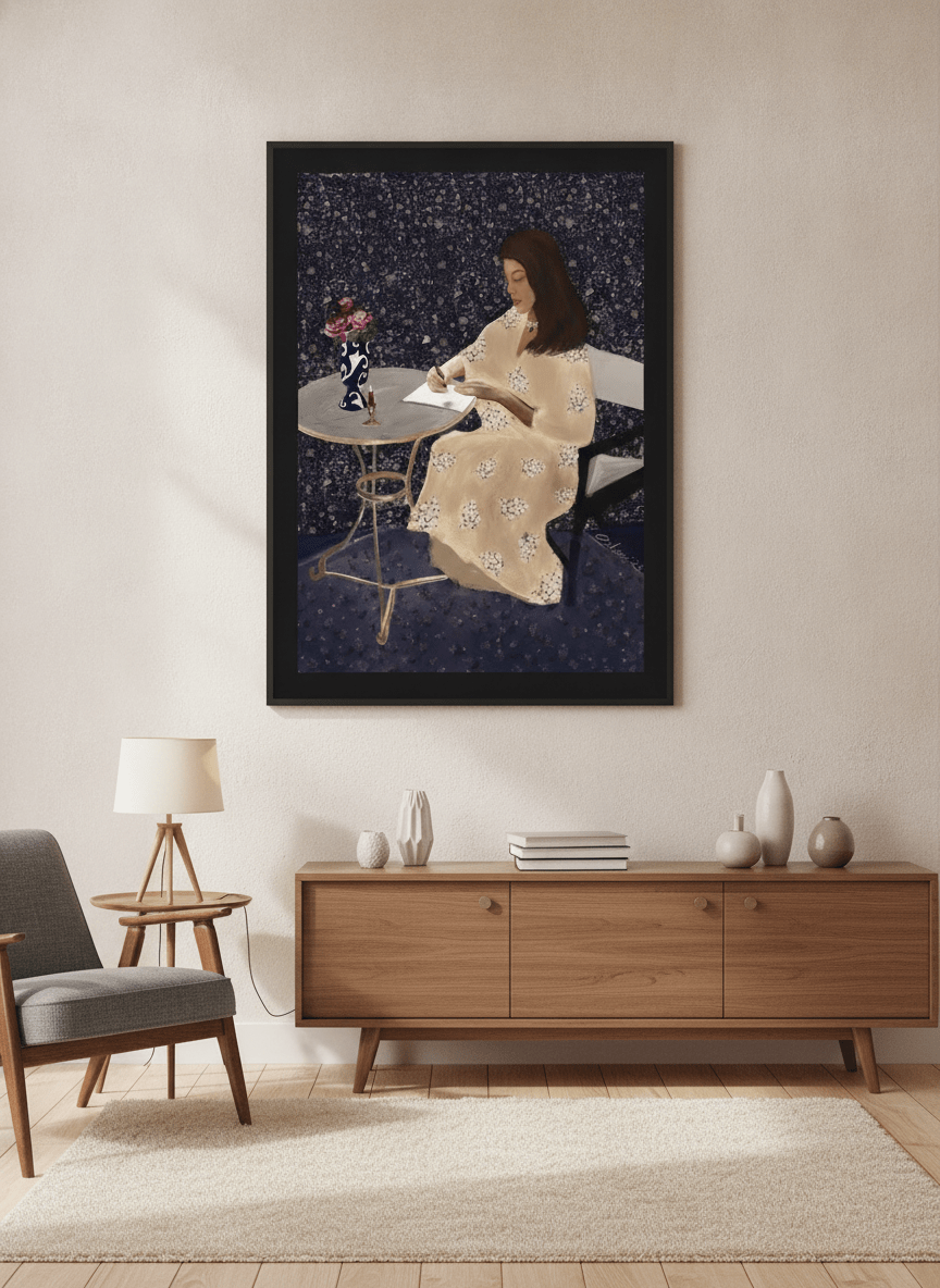 Modern wall art styled above a sofa in a neutral living room