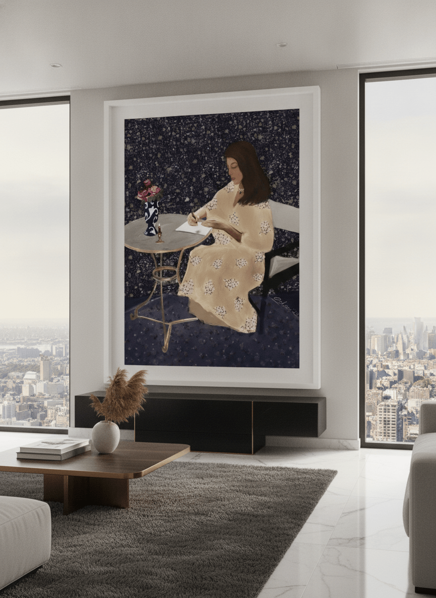 Monumental artwork centred on a feature wall in a luxe interior