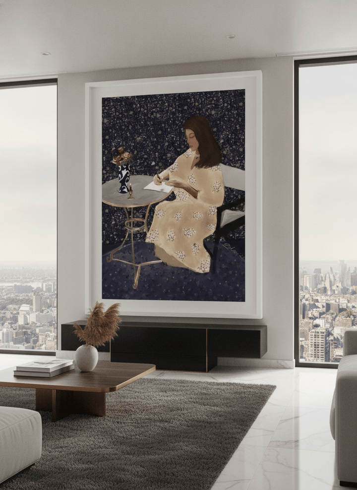 Monumental artwork centred on a feature wall in a luxe interior