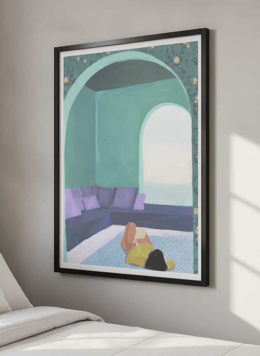 Minimalist artwork displayed in a calm, light-filled bedroom interior