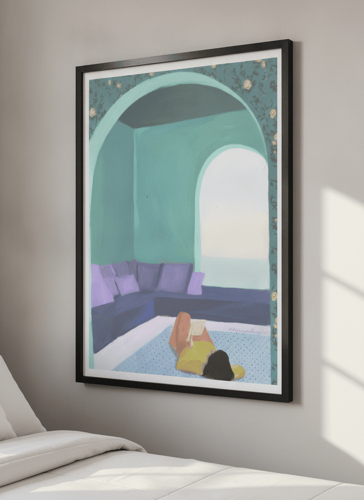 Minimalist artwork displayed in a calm, light-filled bedroom interior