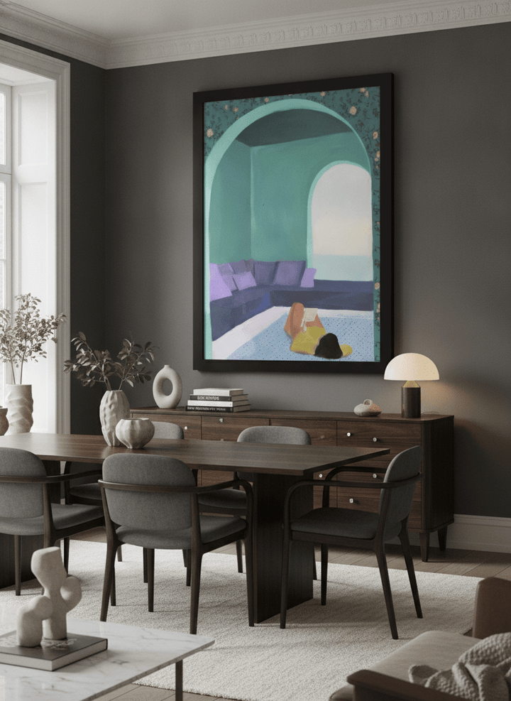 Monumental artwork centred on a feature wall in a luxe interior