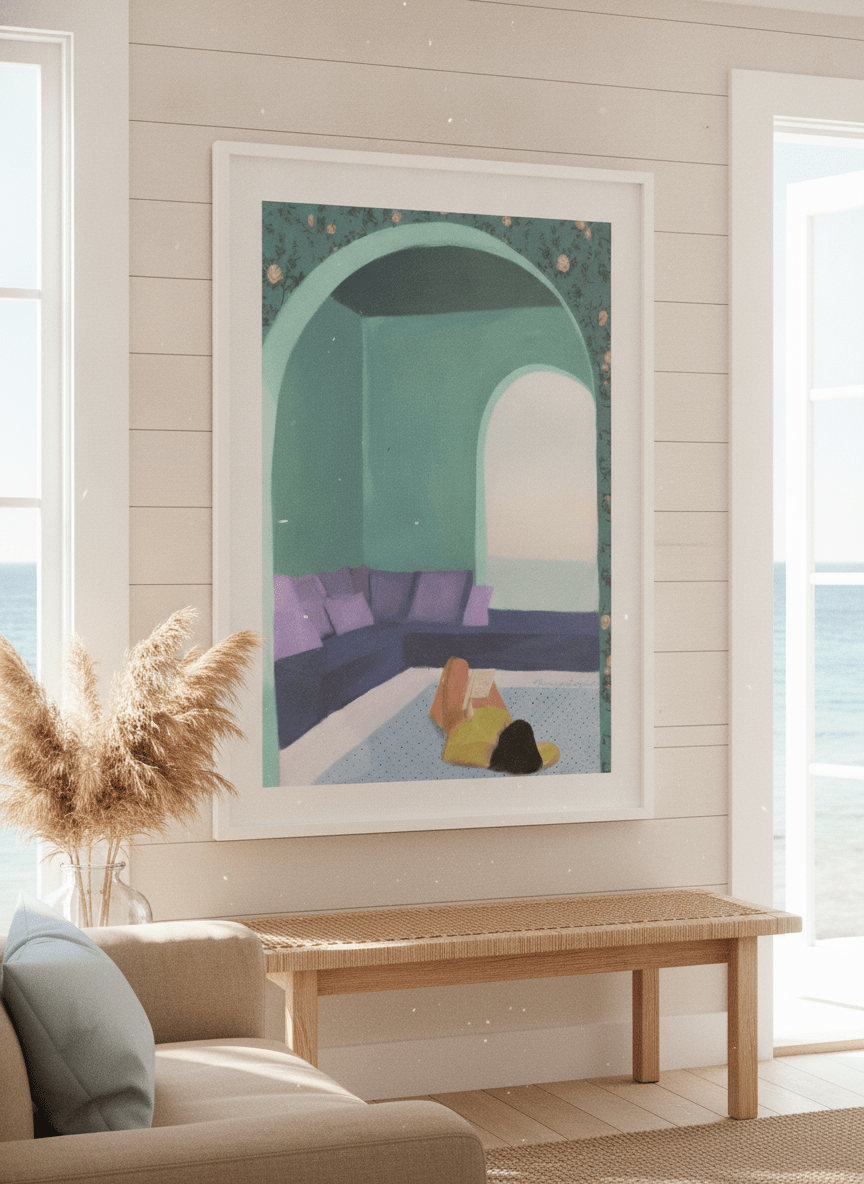 Neutral wall art displayed in a sunny coastal beach house
