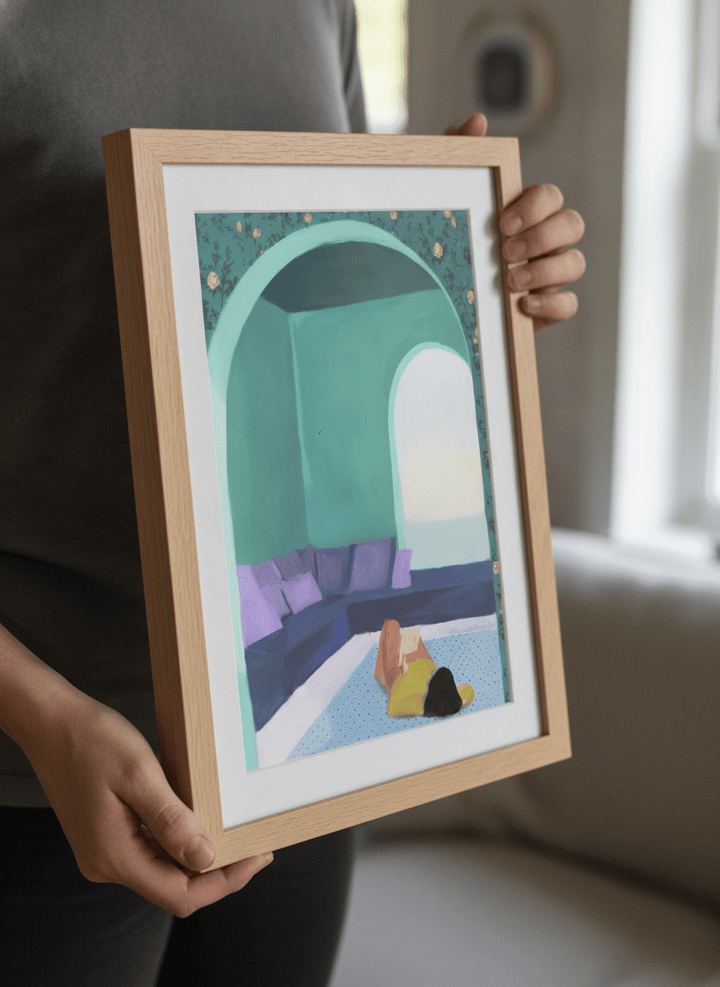 Person showcasing the artwork against a clean modern interior wall