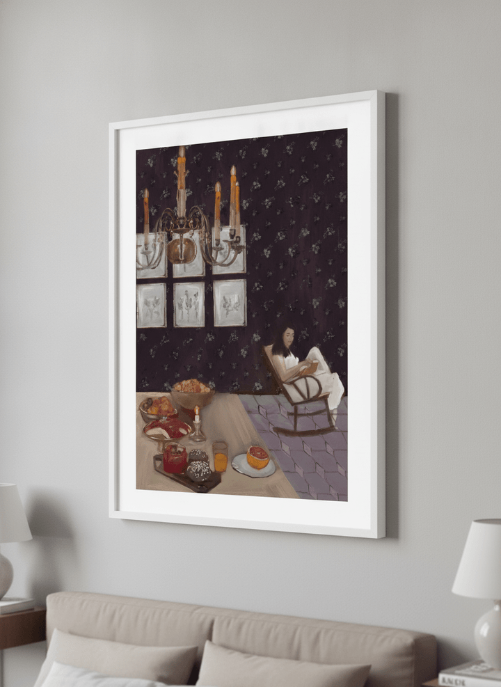 Minimalist artwork displayed in a calm, light-filled bedroom interior