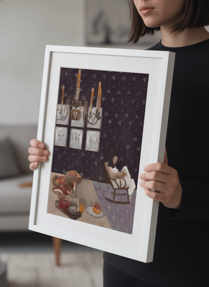Person showcasing the artwork against a clean modern interior wall